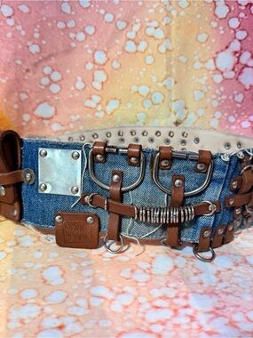 Vintage L’Anatra Metallica Denim & Brown Leather Statement Belt